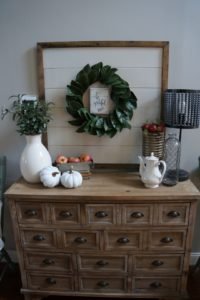 holiday planning- how to start planning for Fall now. My entry way piece with fall apples and white pumpkins