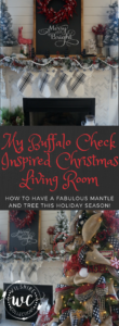 buffalo check inspired christmas living room decor. Black white and red. how to decorate for Christmas. Mantle and tree with ribbon the easy way!