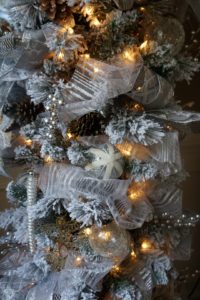 Christmas dining room flocked tree silver white and gold