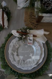 Christmas dining room table setting silver gold and boxwood