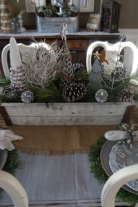 Christmas Dining Room silver gold white centerpiece with christmas trees