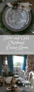 Christmas dining room with silvers, golds and natural textures. Flocked tree for greenery and easy diy table setting