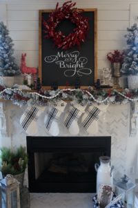 buffalo check inspired christmas living room fireplace and mantle decor. Black, white and red. Learn how to style a mantle the easy way.