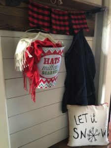 Merry little mudroom hats, mittens and scarves bucket with let it snow pillow