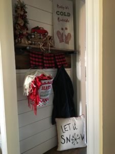 Merry little mudroom for Christmas. Kids Christmas decor, Buffalo check, vintage truck, hats, gloves, scarves, let it snow pillow. Organization for the holidays!