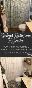 budget bathroom makeover for the $10 room challenge. Painted and stenciled floors, painted cabinet, new decor, painted walls on a budget!