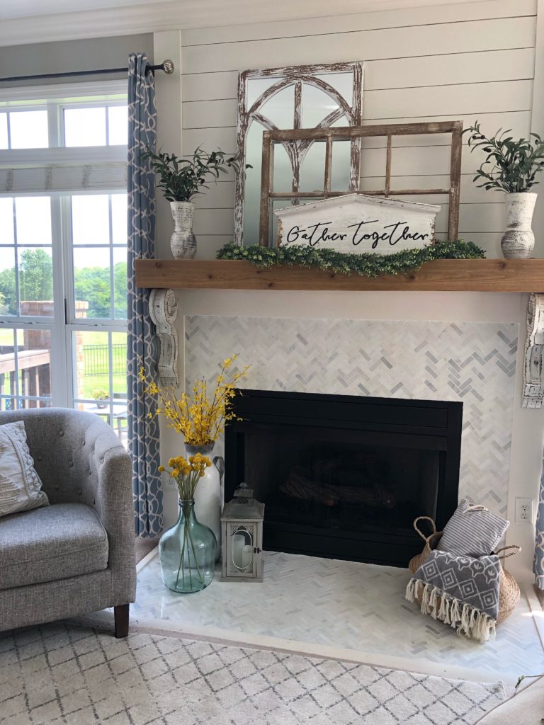 Mantle Decor for any season layered window, mirror and sign for a