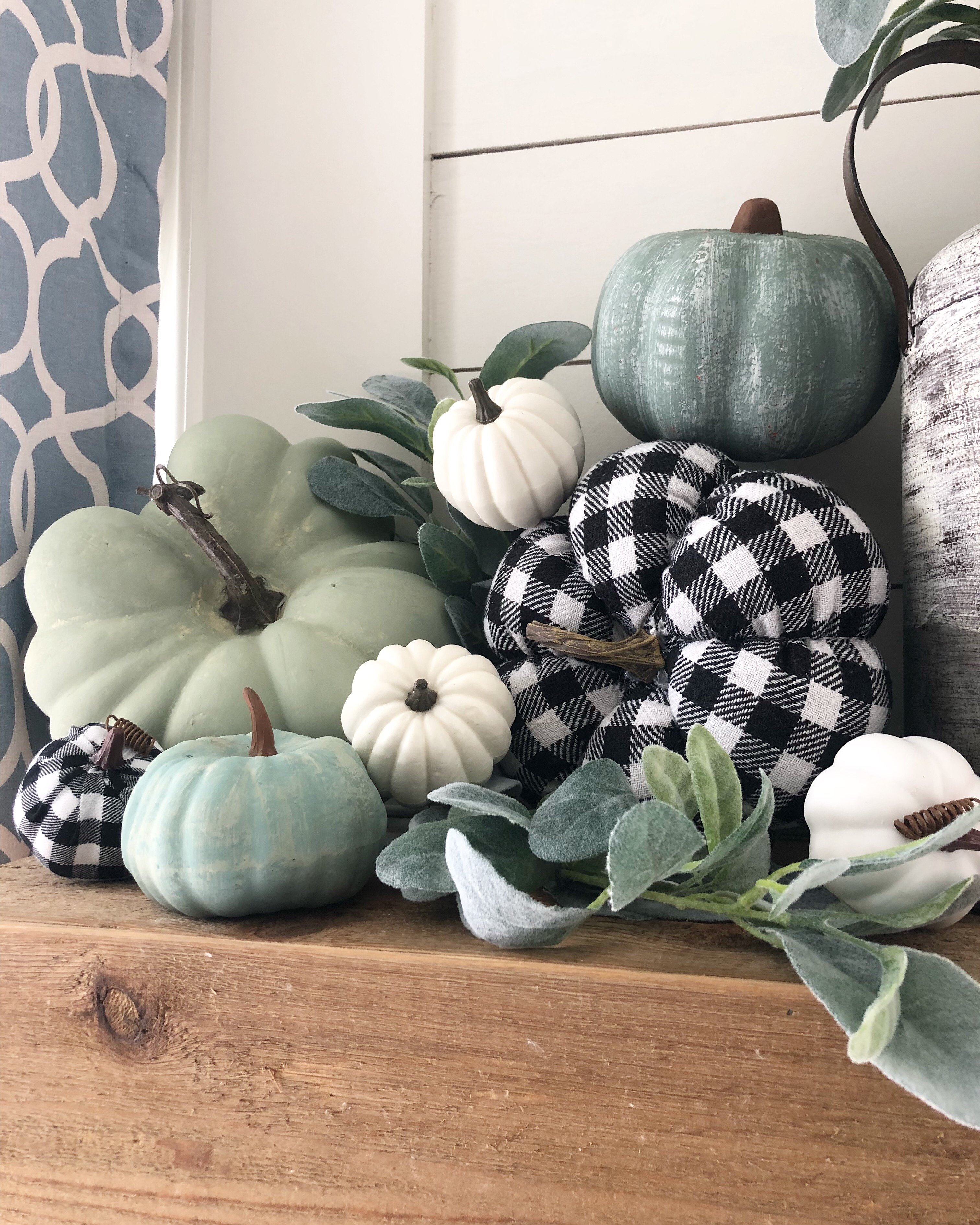 DIY Fall painted foam pumpkins with buffalo check and blue and green pumpkins for a farmhouse fall look