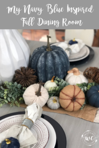 Fall dining room navy blue inspired with DIY navy pumpkins, white and natural pumpkins to create a non traditonal but cute look!