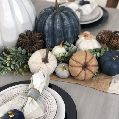 Fall dining room with DIY navy blue pumpkins