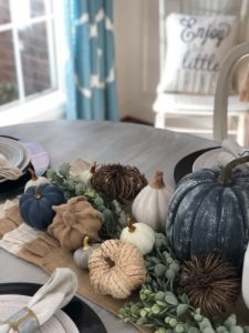 Fall dining room with DIY navy blue pumpkins, white and natural