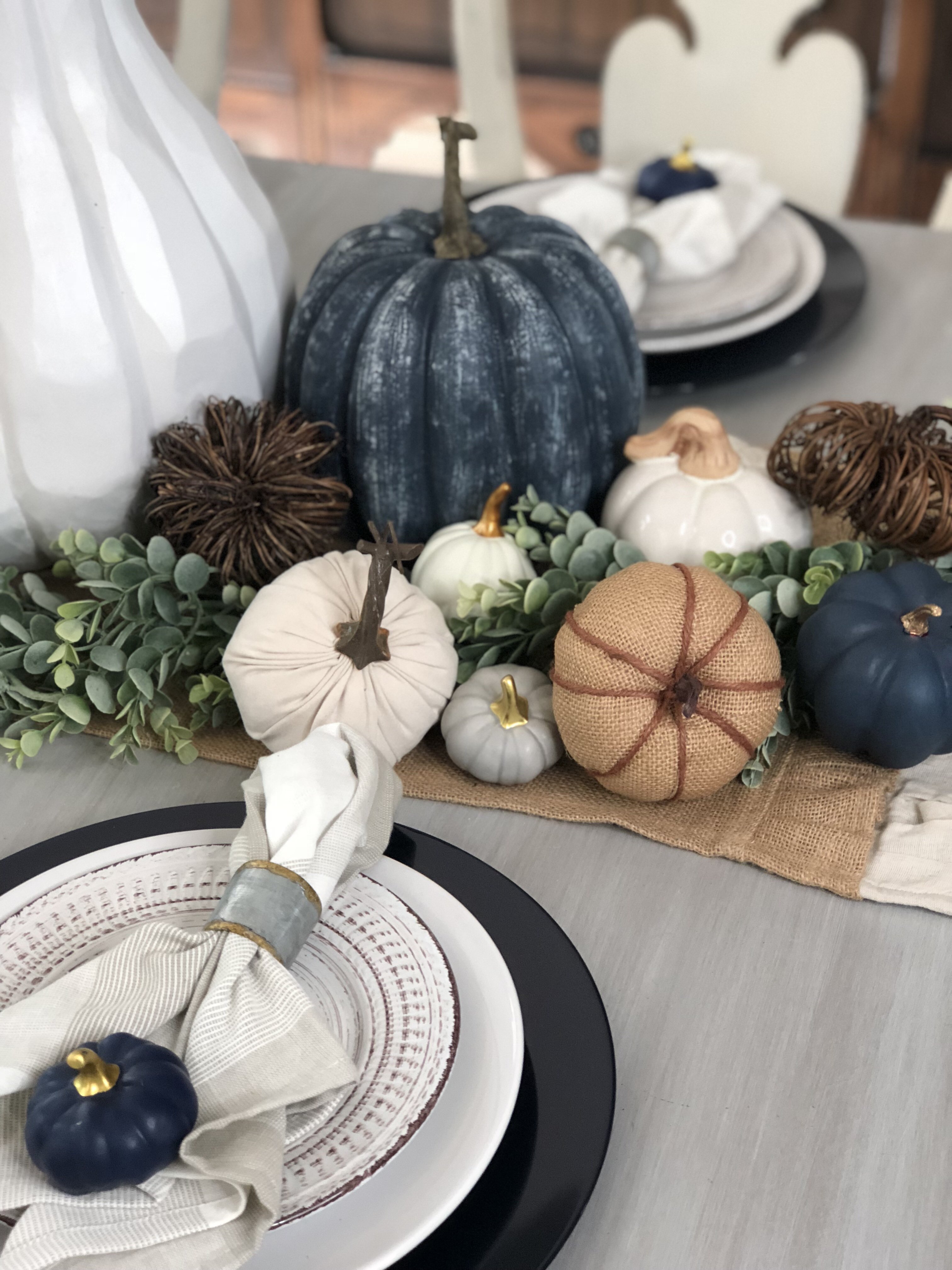 Fall dining room with DIY navy blue pumpkins