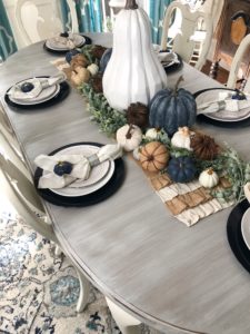 Fall dining room with Navy blue inspired pumpkins, white and natural