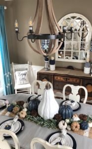 My non traditional fall home tour, 2018. Navy blue pumpkins in dining room.