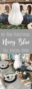 Fall dining room with non-traditional navy blue pumpkins, white pumpkins, natural pumpkins and more