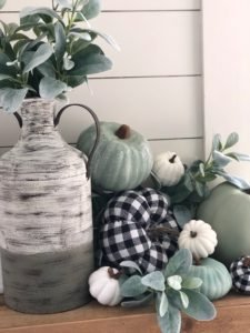 fall fireplace with buffalo check and sage green painted DIY pumpkins for a farmhouse look this fall