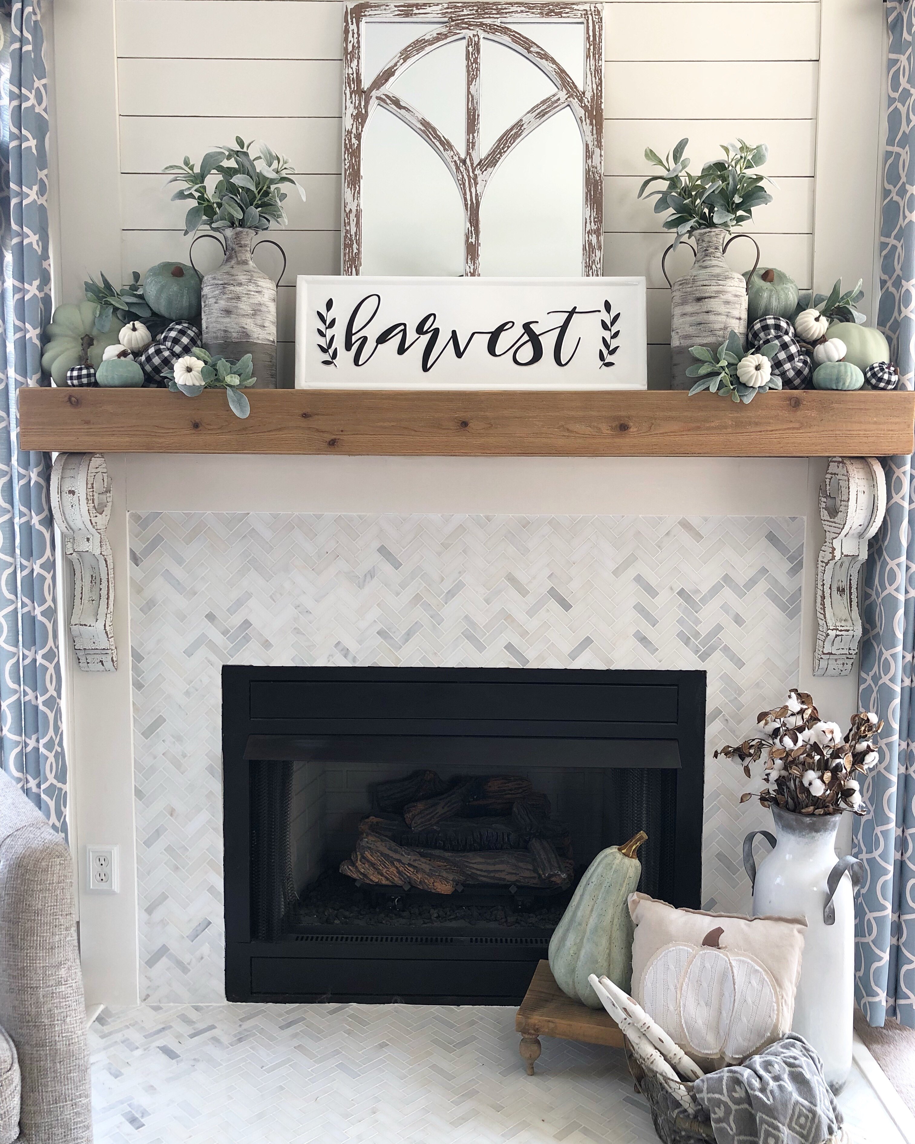 Fall Fireplace with Buffalo Check and sage green pumpkins!