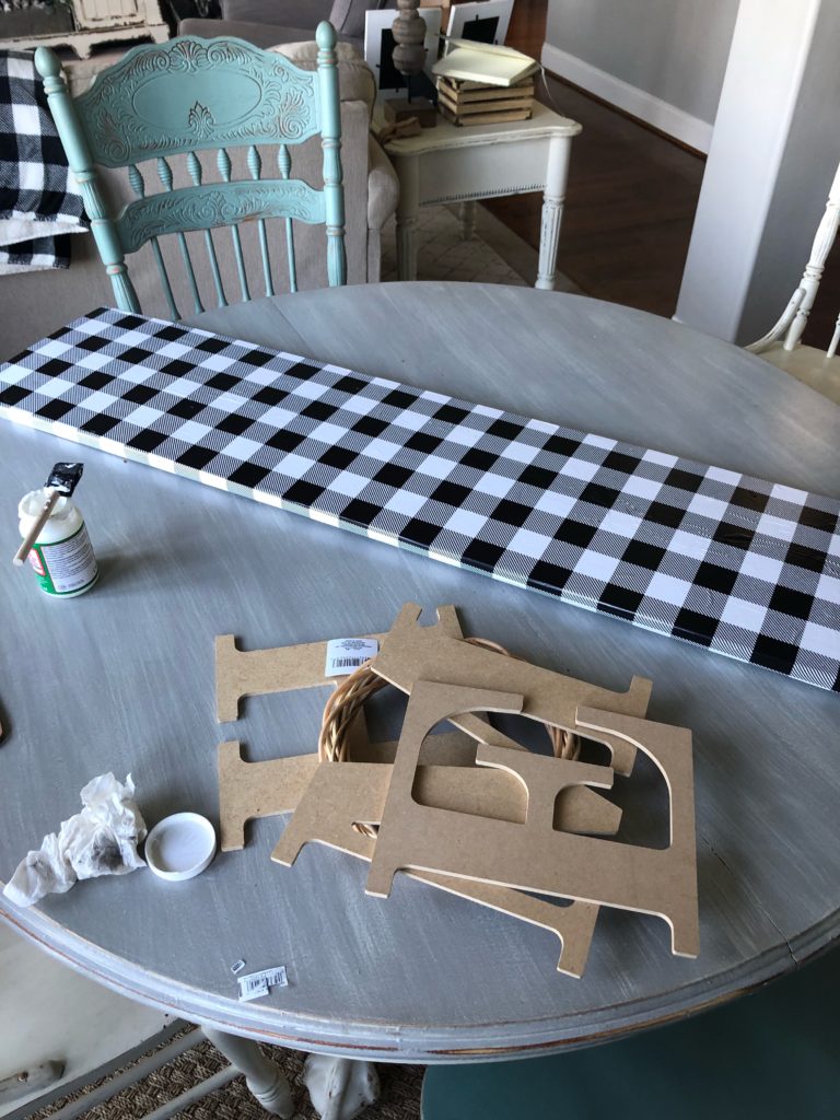 DIY Buffalo Check Porch Board, wood, letters, wreath, wrapping paper