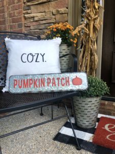 My non traditional fall home tour, 2018. Front porch with neutral pumpkins, buffalo check and a farmhouse look.
