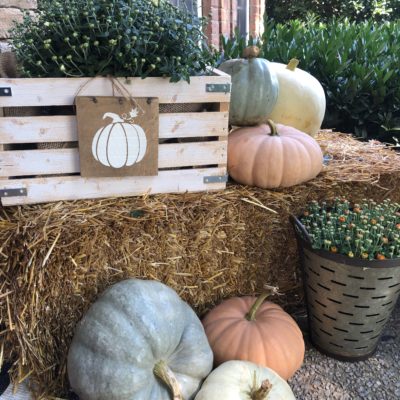 Fall front porch makeover with muted green, orange and white pumpkins. DIY crate and mums