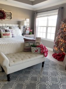4 ideas on how to add Christmas decor to your master bedroom, red, gray and white decor with Christmas tree