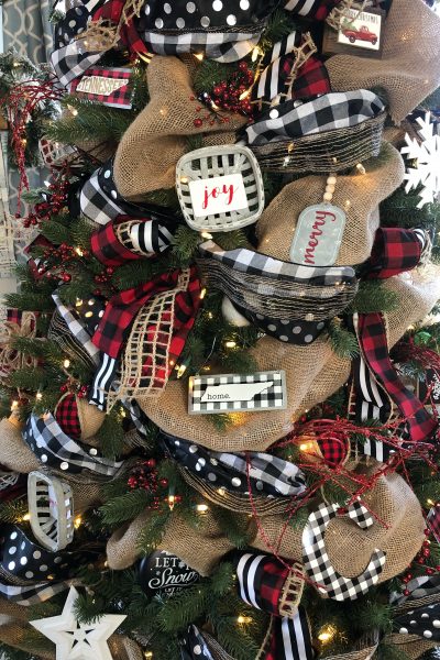 Buffalo check christmas tree with ribbon and ornaments