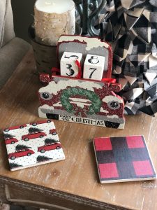 DIY Christmas coasters made with dollar tree coasters and cute scrapbook paper- all for under $5!