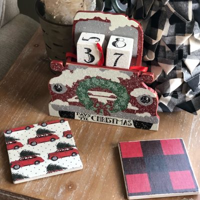 DIY Christmas coasters made with dollar tree coasters and cute scrapbook paper- all for under $5!