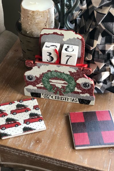 DIY Christmas coasters made with dollar tree coasters and cute scrapbook paper- all for under $5!