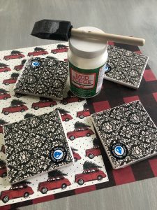 DIY Christmas coasters with trucks and buffalo check