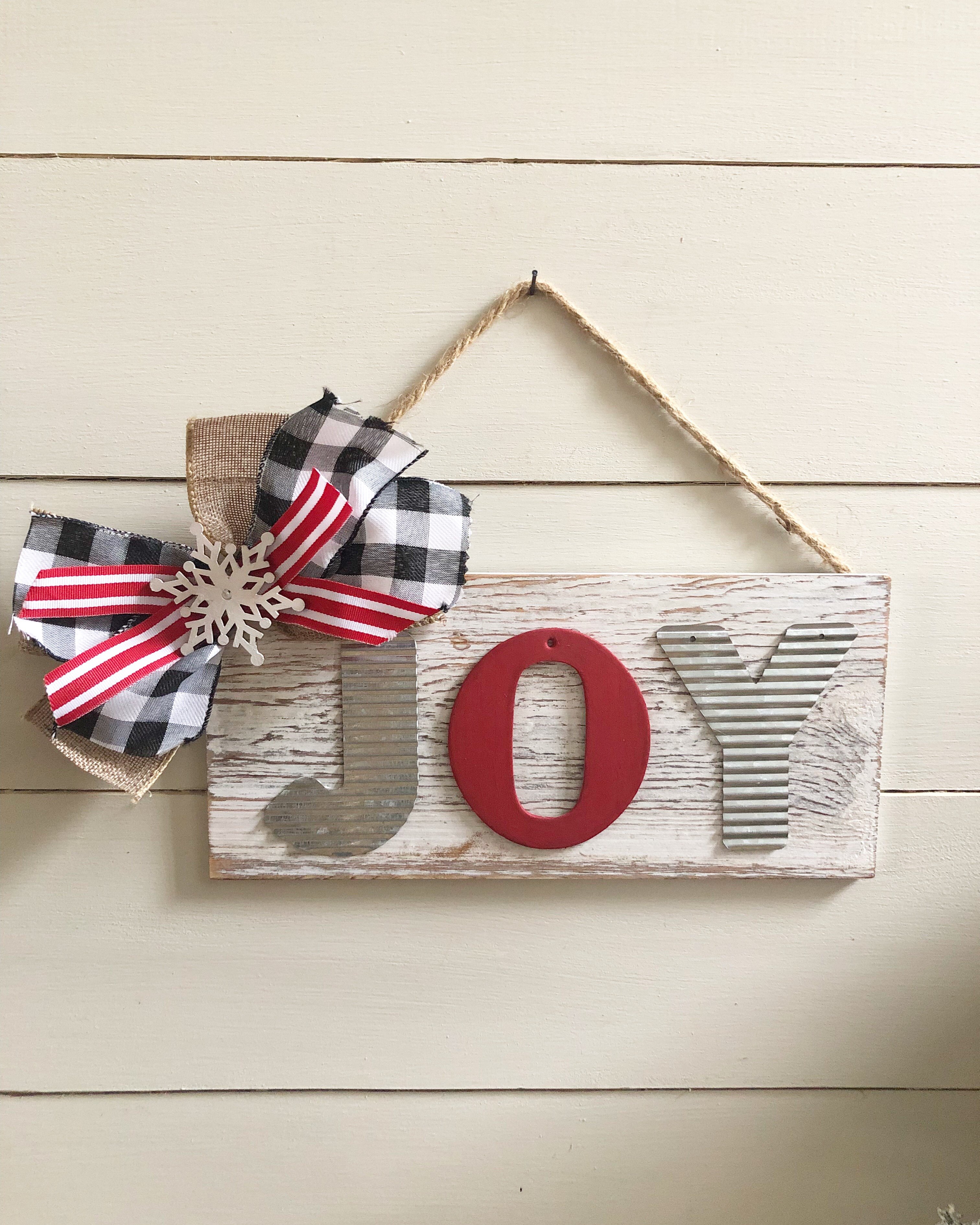 Easy DIY Joy Christmas sign with buffalo check