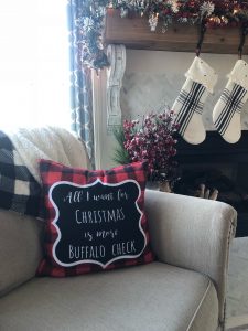 My Christmas fireplace with buffalo check custom pillow