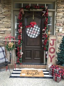 Christmas Home Tour front porch entrance of my home with buffalo check and an old sled