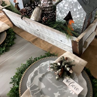 Rustic Glam Christmas Dining room with flocked tree, silvers, golds and rustic touches