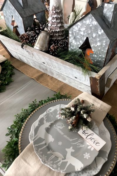 Rustic Glam Christmas Dining room with flocked tree, silvers, golds and rustic touches