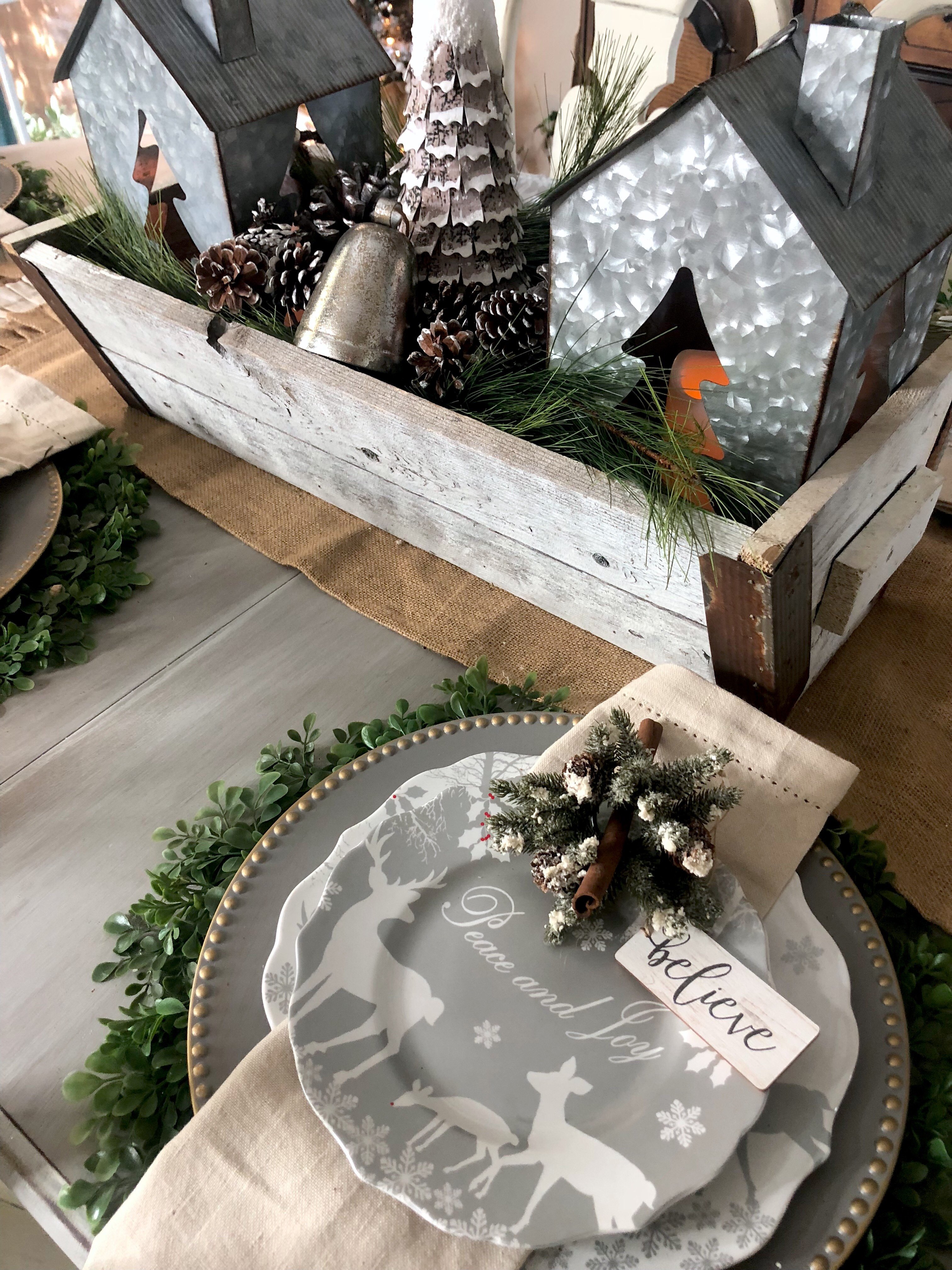 Rustic Glam Christmas Dining room with flocked tree, silvers, golds and rustic touches