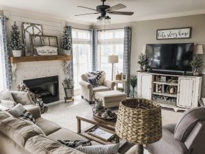 Cozy Winter Living Room decor fireplace, birch logs, flocked greenery, cotton and winter vibes