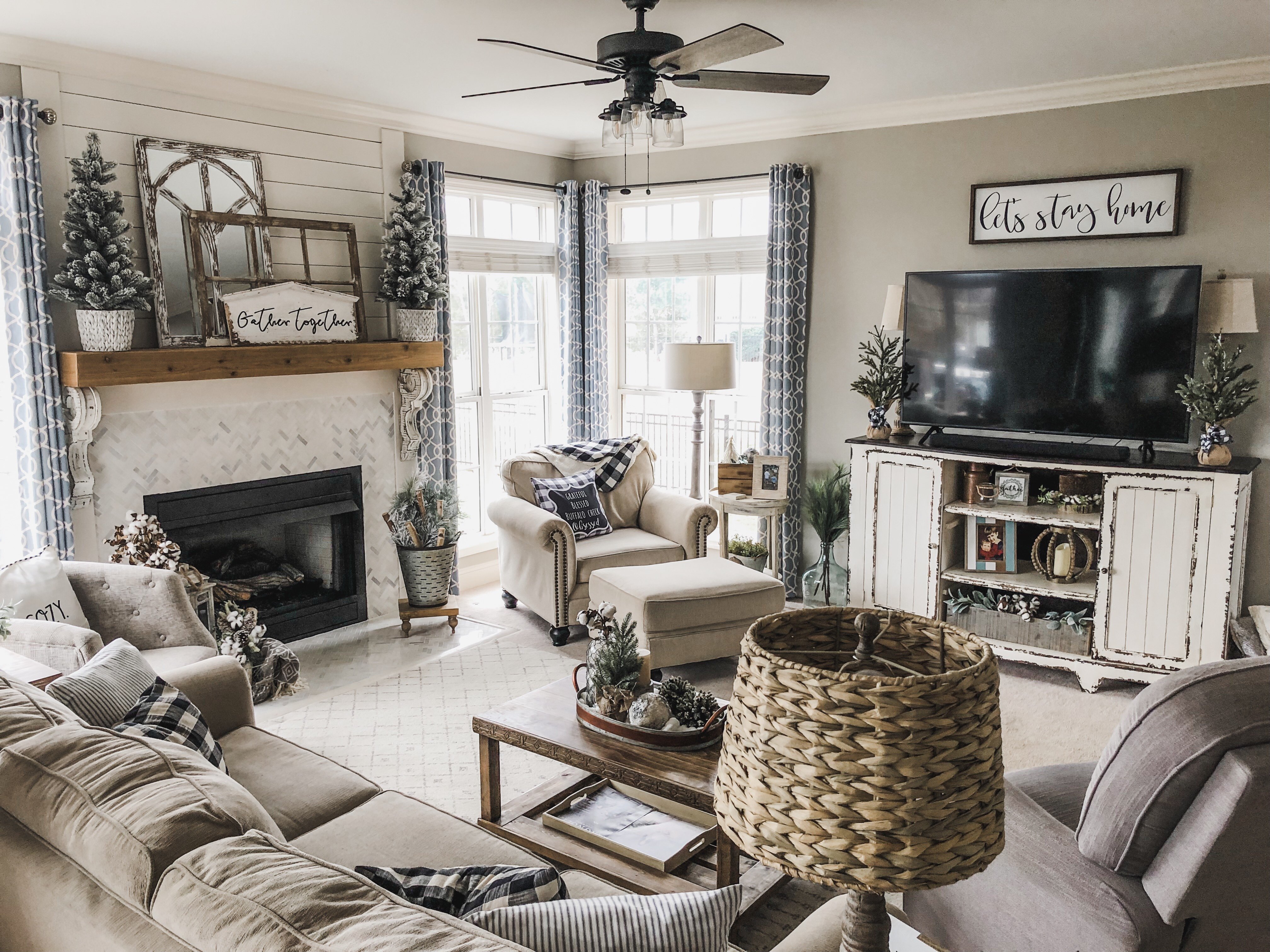 Cozy Winter Living Room decor fireplace, birch logs ...