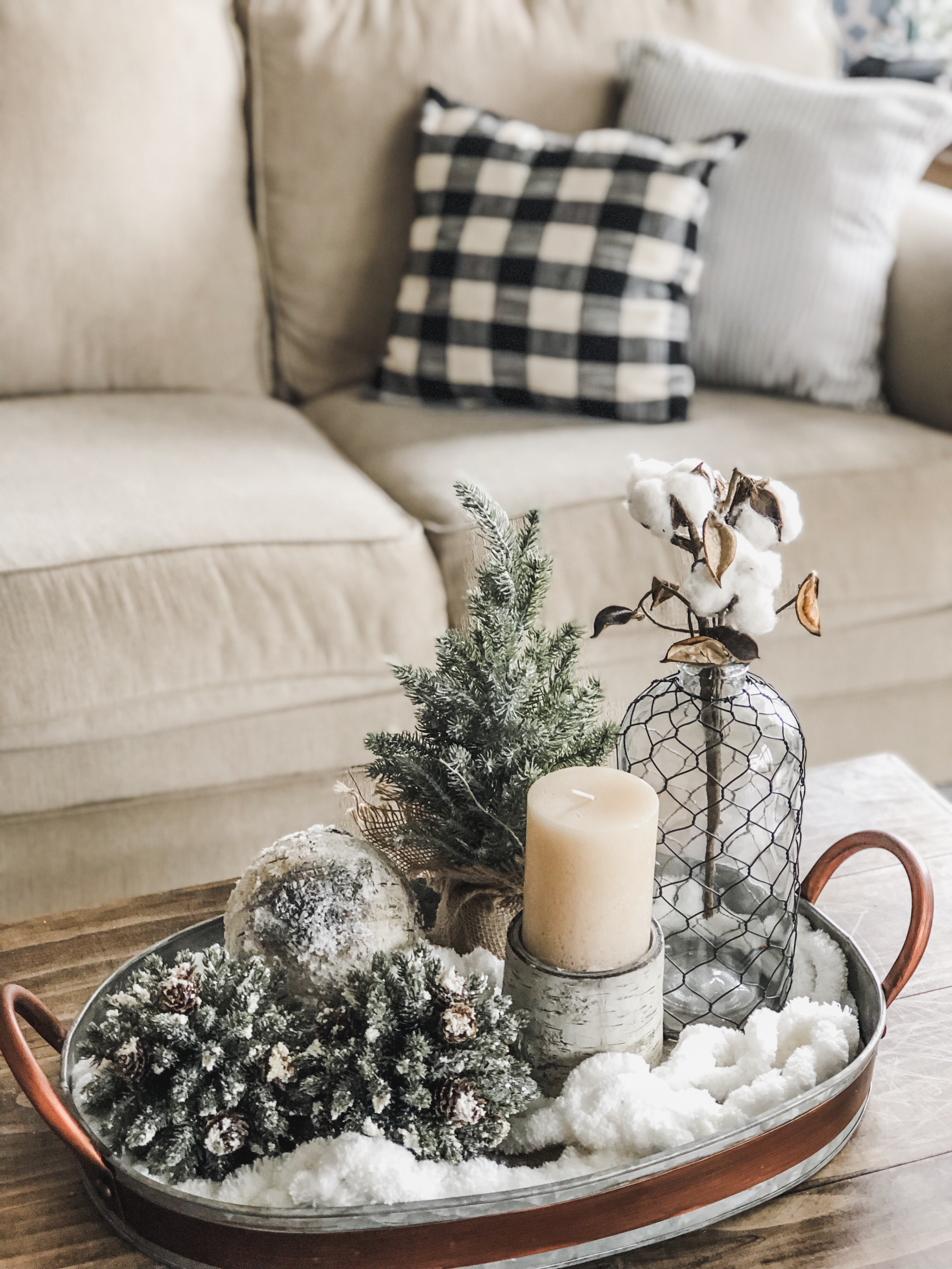 Cozy Winter Living Room decor with tray with greens and trees