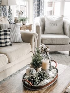 Cozy Winter Living Room decor with winter tray vignette