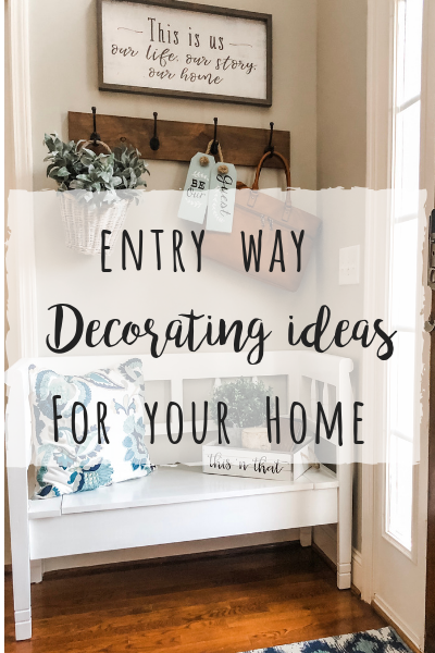 Easy entry way decorating ideas using a storage bench, hooks and decor!