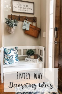 Entry way decorating ideas for your home. Using a cute storage bench, decor and hooks