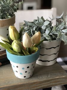 Painted Terracotta pots for an easy diy project- black, white and aqua