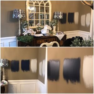 Navy paint on an accent wall in my dining room, before picking paint colors