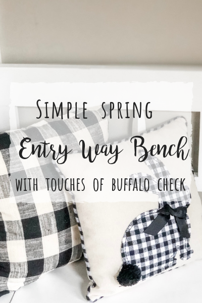 Simple Spring entry way bench with touches of buffalo check and spring florals