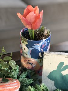 Spring tray styling using a dollar tree vase and scrapbook paper