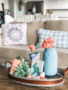 Spring tray styling using some DIY's for a cute and affordable look. Aqua and coral decor!