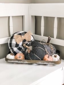 Fall buffalo check entry way bench decor with black, white and orange