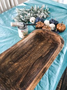 Fall dough bowl idea using navy, copper and white pumpkins