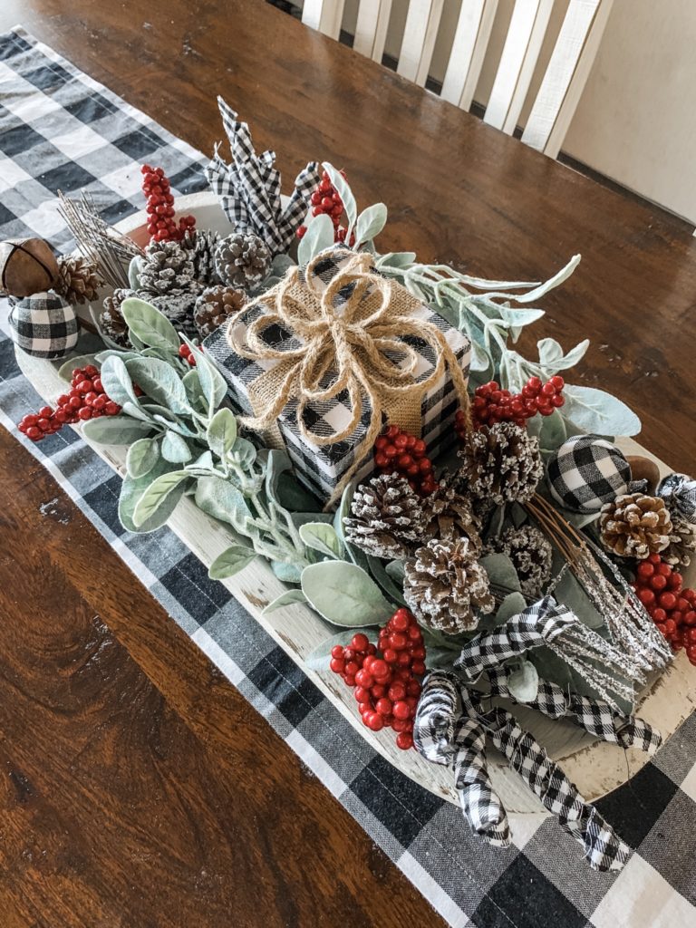 Christmas centerpiece idea using a dough bowl for a cute and festive